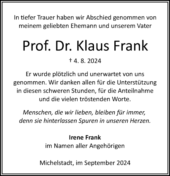 Traueranzeige von Klaus Frank von Odenwälder Echo