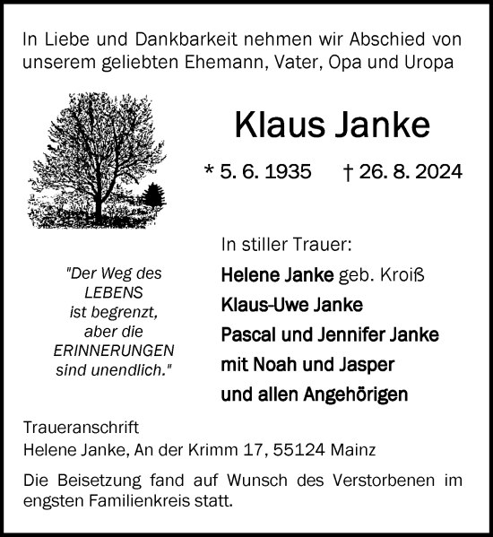 Traueranzeige von Klaus Janke von Allgemeine Zeitung Mainz