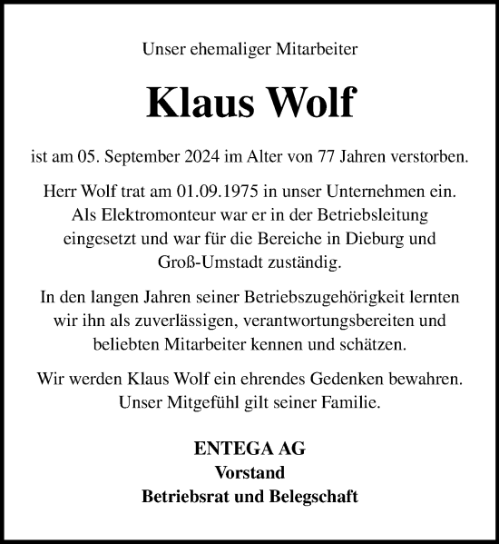 Traueranzeige von Klaus Wolf von Odenwälder Echo