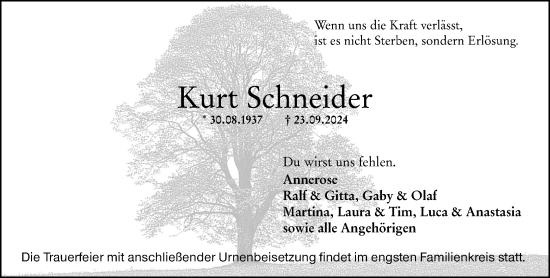 Traueranzeige von Kurt Schneider von Wiesbadener Kurier