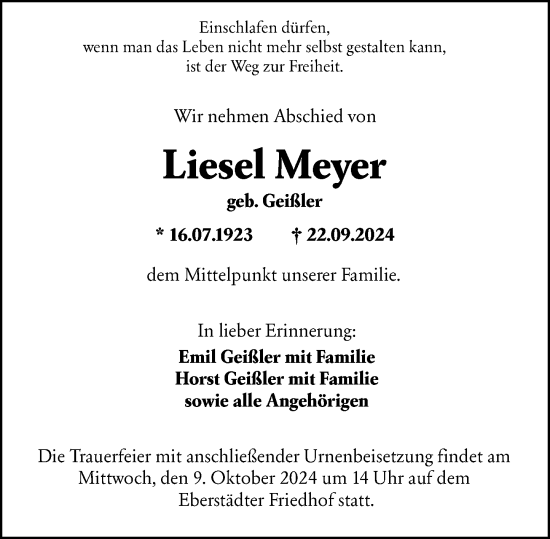 Traueranzeige von Liesel Meyer von Darmstädter Echo