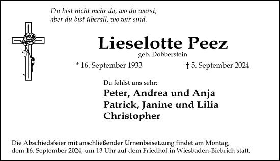 Traueranzeige von Lieselotte Peez von Wiesbadener Kurier