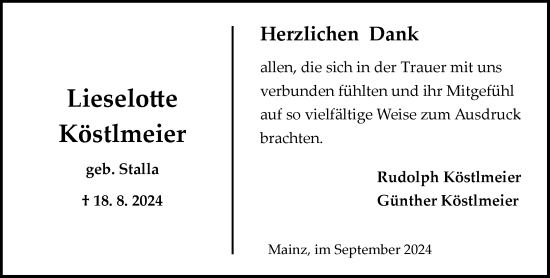 Traueranzeige von Lieslotte Köstlmeier von Allgemeine Zeitung Mainz