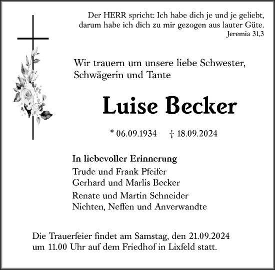 Traueranzeige von Luise Becker von Hinterländer Anzeiger