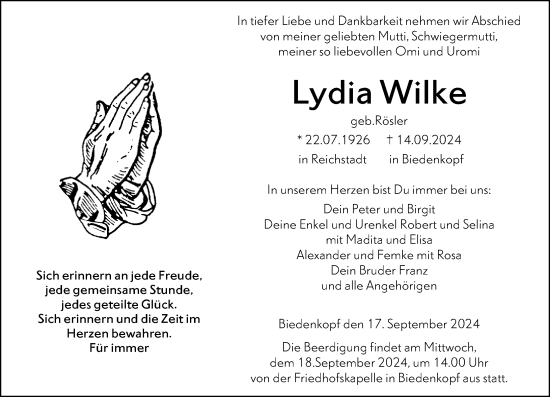 Traueranzeige von Lydia Wilke von Hinterländer Anzeiger