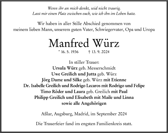 Traueranzeige von Manfred Würz von Wetzlarer Neue Zeitung