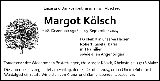 Traueranzeige von Margareta Kölsch von Allgemeine Zeitung Mainz