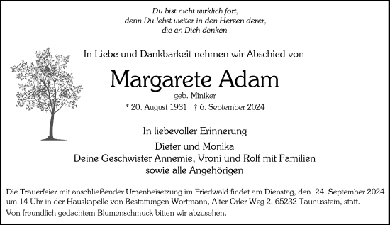 Traueranzeige von Margarete Adam von Wiesbadener Kurier