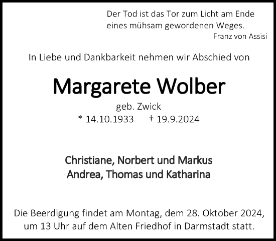 Traueranzeige von Margarete Wolber von Darmstädter Echo