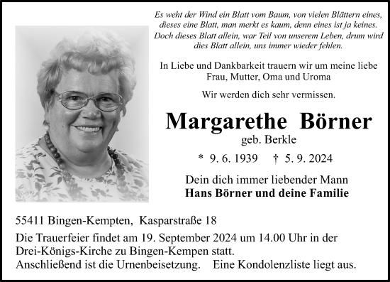 Traueranzeige von Margarethe Börner von Allgemeine Zeitung Rheinhessen-Nahe