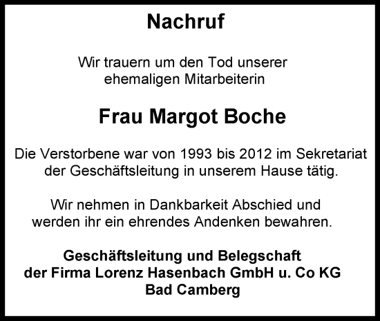 Traueranzeige von Margot Boche von Camberger Anzeiger