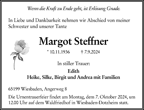 Traueranzeige von Margot Steffner von Wiesbadener Kurier