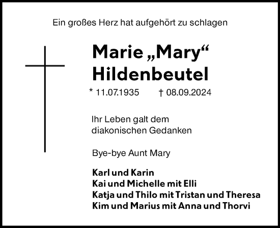 Traueranzeige von Marie Hildenbeutel von Darmstädter Echo