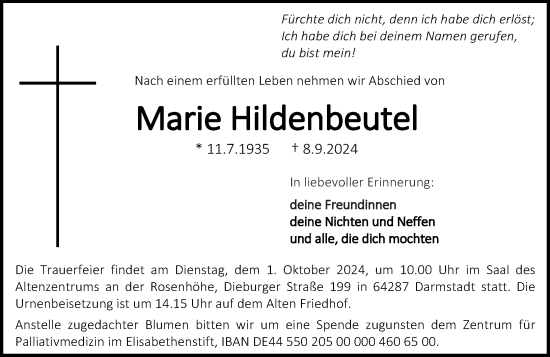 Traueranzeige von Marie Hildenbeutel von Darmstädter Echo