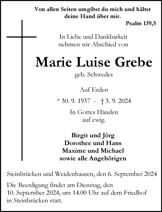 Traueranzeige von Marie Luise Grebe von Dill Block