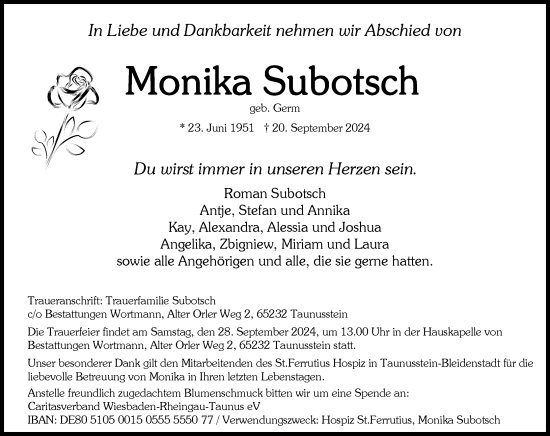 Traueranzeige von Monika Subotsch von Wiesbadener Kurier