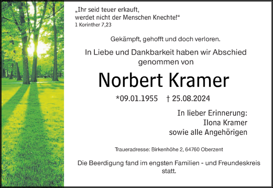 Traueranzeige von Norbert Kramer von Odenwälder Echo