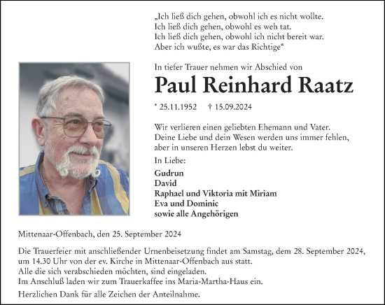 Traueranzeige von Paul Reinhard Raatz von Dill Block