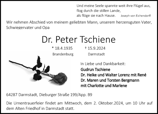 Traueranzeige von Peter Tschiene von Darmstädter Echo