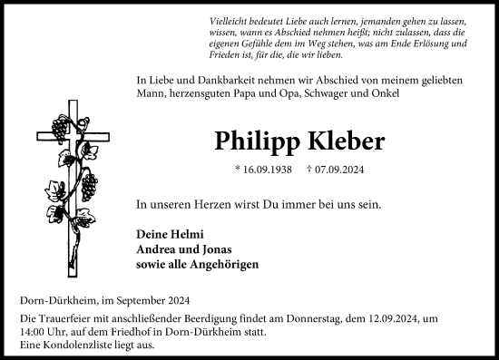 Traueranzeige von Philipp Kleber von Wormser Zeitung