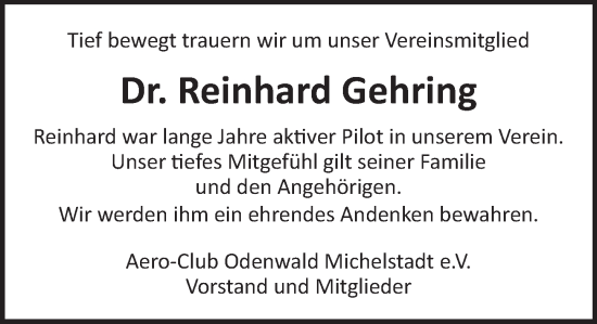 Traueranzeige von Reinhard Gehring von Odenwälder Echo