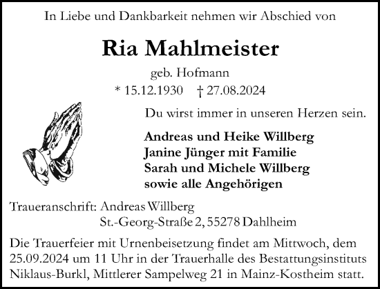 Traueranzeige von Ria Mahlmeister von Allgemeine Zeitung Mainz