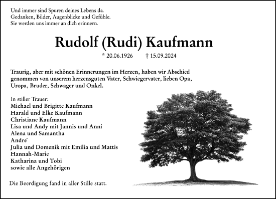 Traueranzeige von Rudolf Kaufmann von Hinterländer Anzeiger