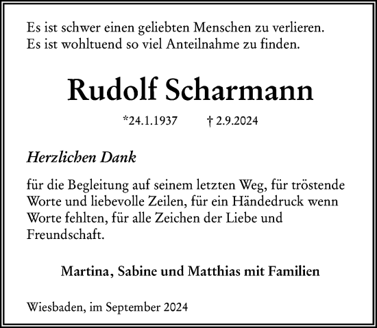 Traueranzeige von Rudolf Scharmann von Wiesbadener Kurier