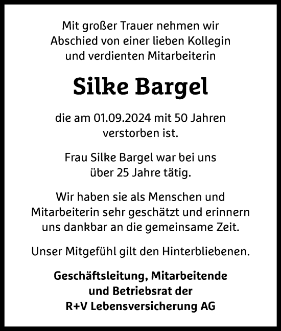 Traueranzeige von Silke Bargel von Wiesbadener Kurier