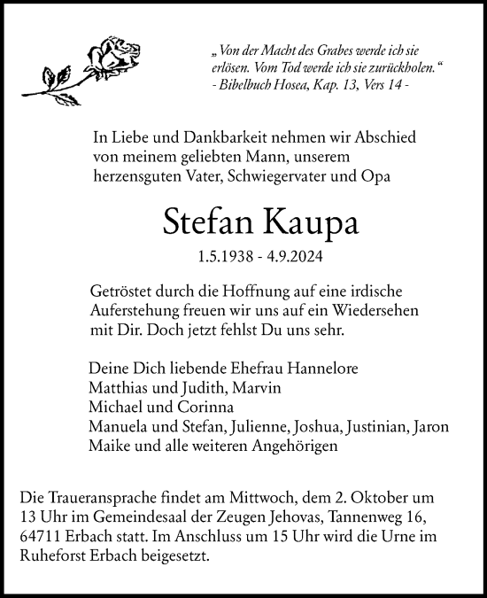 Traueranzeige von Stefan Kaupa von Odenwälder Echo