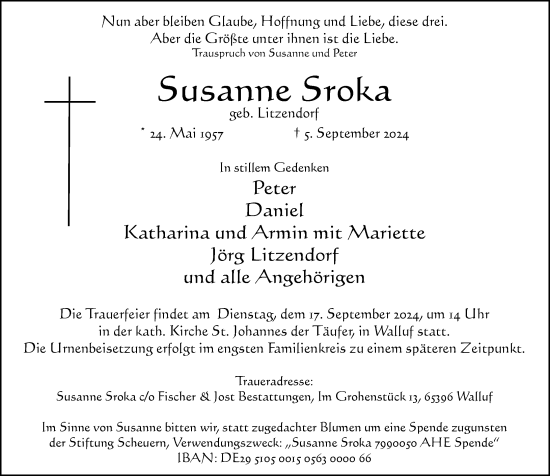 Traueranzeige von Susanne Sroka von Wiesbadener Kurier