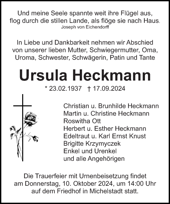 Traueranzeige von Ursula Heckmann von Odenwälder Echo