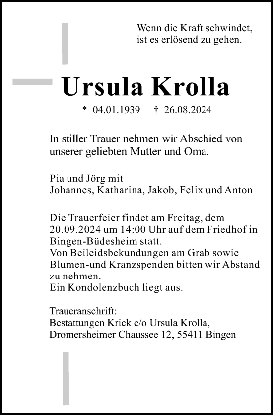 Traueranzeige von Ursula Krolla von Allgemeine Zeitung Rheinhessen-Nahe