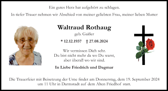 Traueranzeige von Waltraud Rothaug von Darmstädter Echo