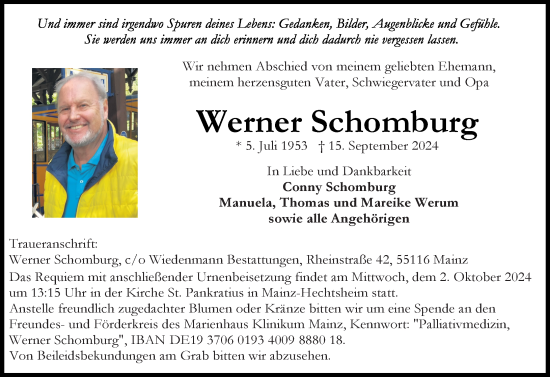 Traueranzeige von Werner Schomburg von Allgemeine Zeitung Mainz