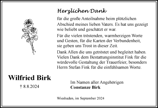 Traueranzeige von Wilfried Birk von Wiesbadener Kurier