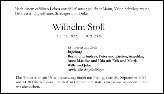 Traueranzeige von Wilhelm Stoll von Darmstädter Echo