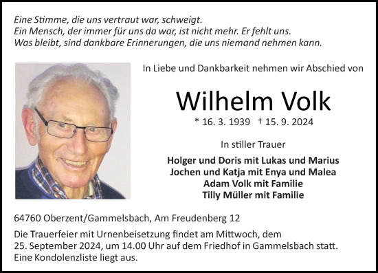 Traueranzeige von Wilhelm Volk von Odenwälder Echo