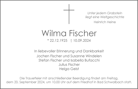 Traueranzeige von Wilma Fischer von Wiesbadener Kurier