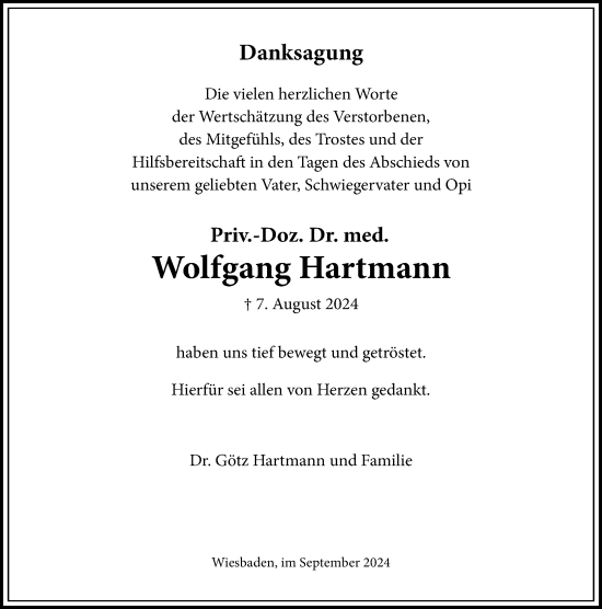 Traueranzeige von Wolfgang Hartmann von Wiesbadener Kurier