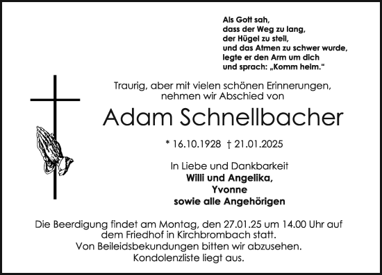 Traueranzeige von Adam Schnellbacher von Odenwälder Echo