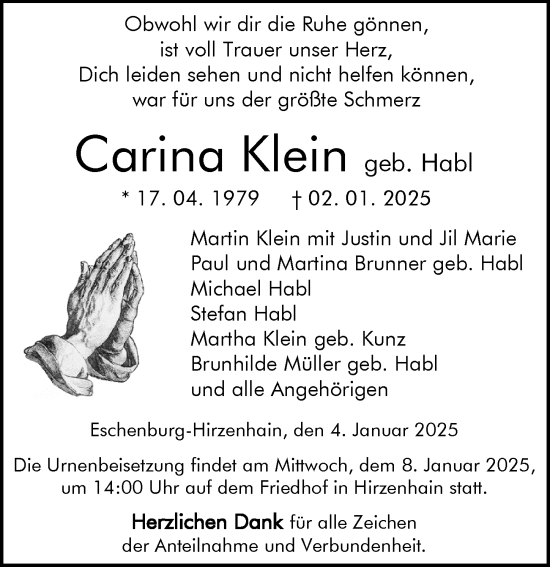 Traueranzeige von Carina Klein von Dill Block