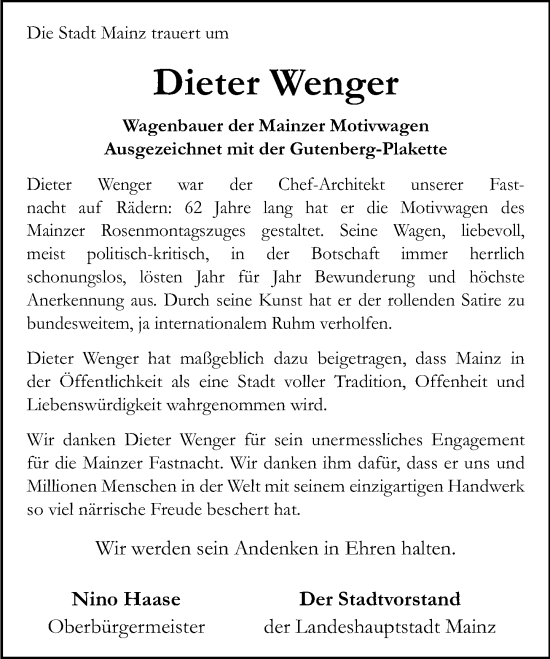 Traueranzeige von Dieter Wenger von Allgemeine Zeitung Mainz