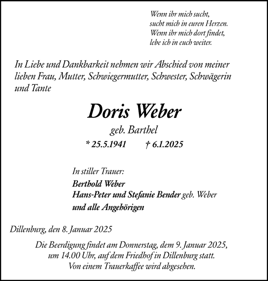 Traueranzeige von Doris Weber von Dill Block