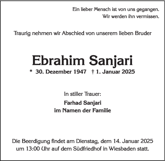 Traueranzeige von Ebrahim Sanjari von Wiesbadener Kurier