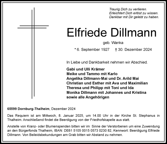 Traueranzeige von Elfriede Dillmann von Nassauische Neue Presse