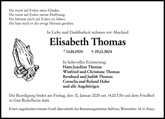 Traueranzeige von Elisabeth Thomas von Allgemeine Zeitung Alzey