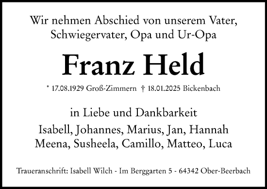 Traueranzeige von Franz Held von Darmstädter Echo