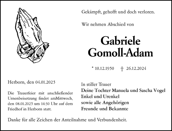 Traueranzeige von Gabriele Gomoll-Adam von Dill Block