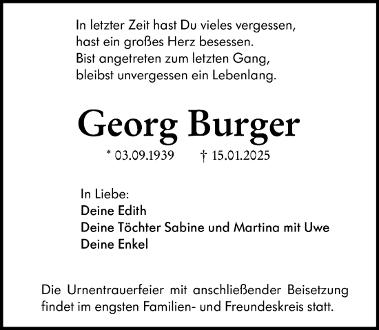 Traueranzeige von Georg Burger von Darmstädter Echo